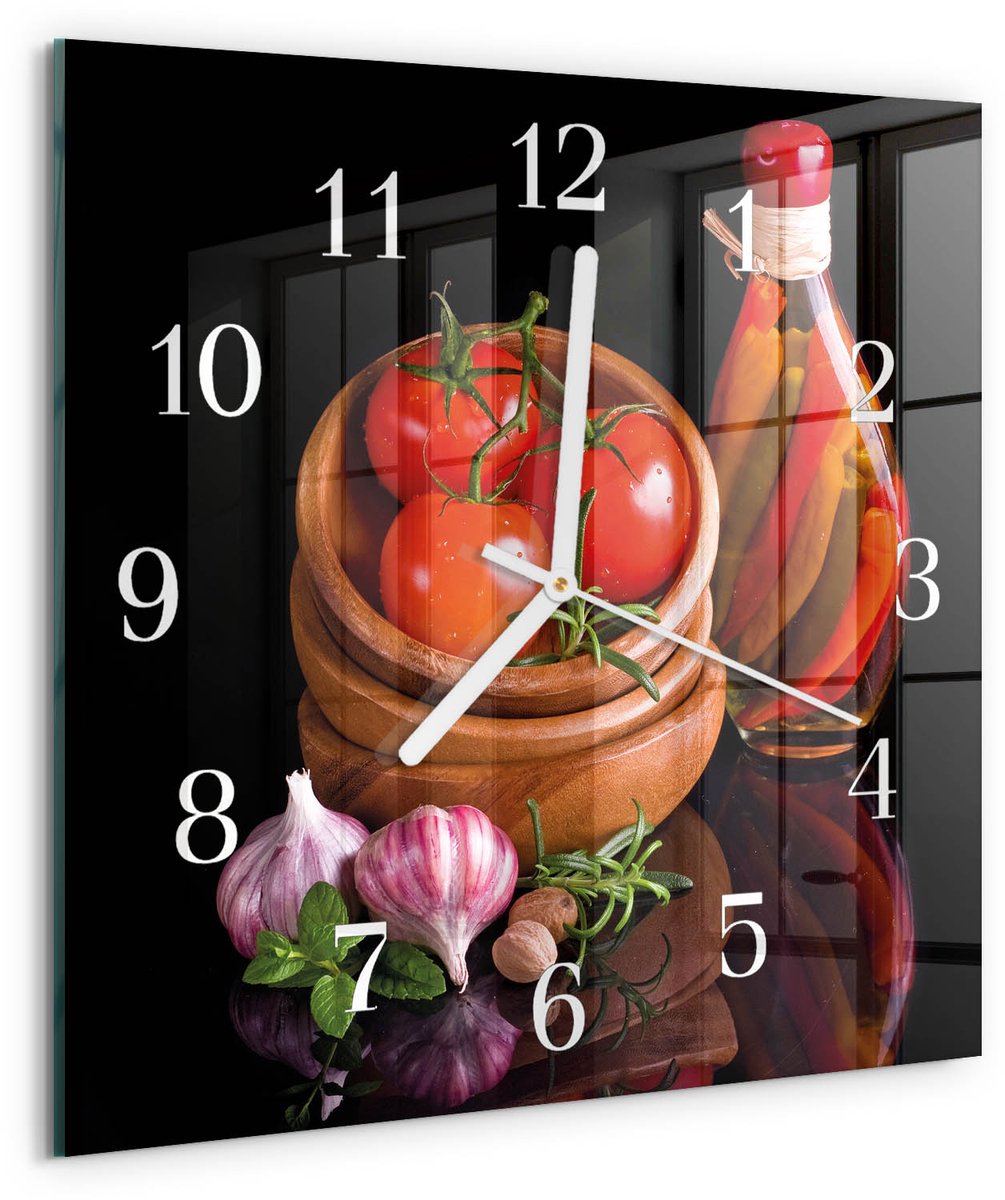 Tulup Wandklok - Tomaten en knoflook Glazen Wandklok Design - 30x30 cm - Rood Klok Glas Met Opdruk - Witte Handen - Vierkante Wandklok - Gekleurde Glazen Klok - Glazen Klok Met Print