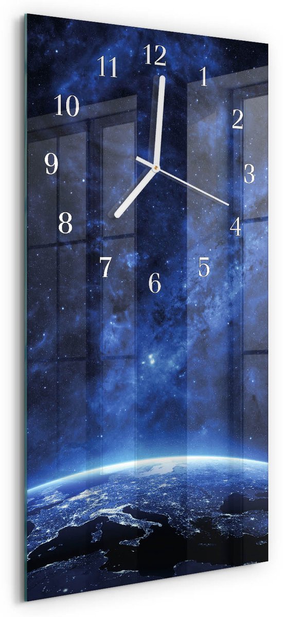 TULUP Wandklok - Weltall Moderne Glazen Wandklok - 30x60 cm - Blauw Wandklok Glas Met Motief - Witte Handen - Rechthoekige Wandklok - Glazen Klok Met Print - Wandklok Glas Met Motief Blauw - Weltall
