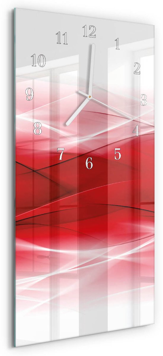 TULUP Wandklok - Abstractie Wandklok Glas Decoratie - 30x60 cm - Rood Gekleurde Glazen Klok - Witte Handen - Rechthoekige Wandklok - Wandklok Glas Decoratie - Gekleurde Glazen Klok Rood - Abstractie