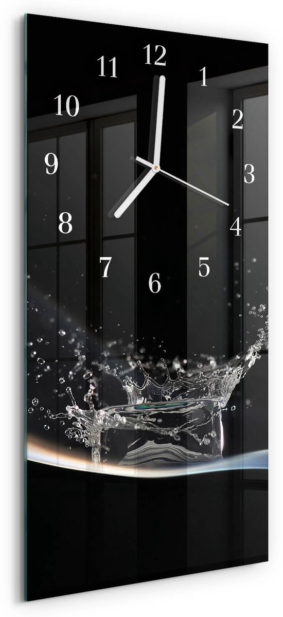 TULUP Wandklok - Water Moderne Wandklok Glas - 30x60 cm - Zwart Wandklok Glas Decoratie - Witte Handen - Rechthoekige Wandklok - Klok Glas Met Opdruk - Moderne Wandklok Glas Zwart - Water