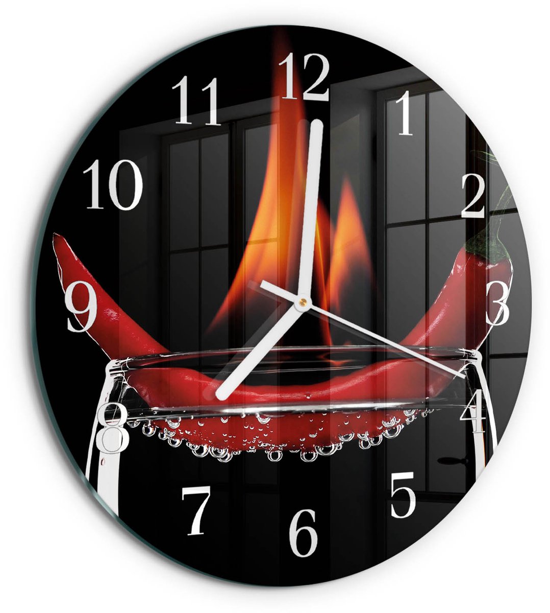 TULUP Wandklok - Chili Fire Glazen Wandklok Design - 30fi cm - Rood Klok Glas Met Opdruk - Witte Handen - Ronde Wandklok - Moderne Wandklok Glas - Wandklok Glas Decoratie Rood - Chili Fire