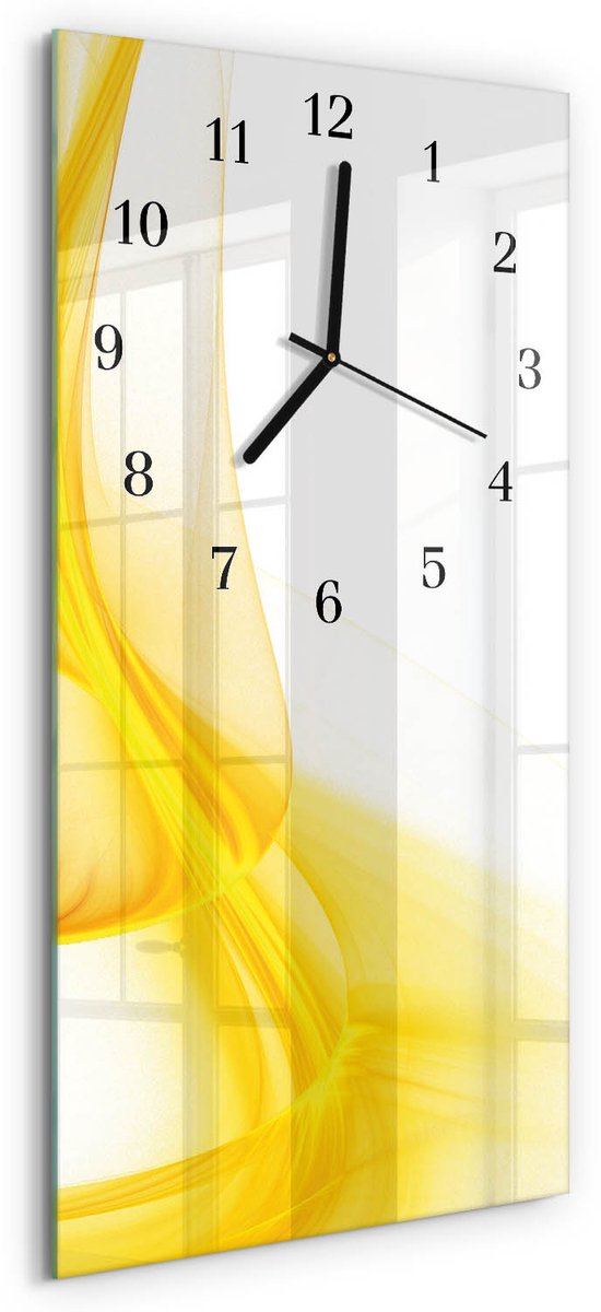 TULUP Wandklok - Abstractie Wandklok Glas Decoratie - 30x60 cm - Geel Gekleurde Glazen Klok - Zwarte Handen - Rechthoekige Wandklok - Wandklok Glas Decoratie - Gekleurde Glazen Klok Geel - Abstractie