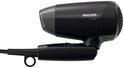 Zwarte Philips föhn met inklapbaar handvat, 1200W, 2 snelheden en 3 temperatuurinstellingen.