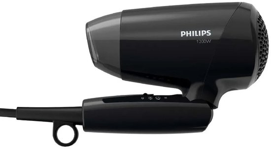 Zwarte Philips föhn met inklapbaar handvat, 1200W, 2 snelheden en 3 temperatuurinstellingen.