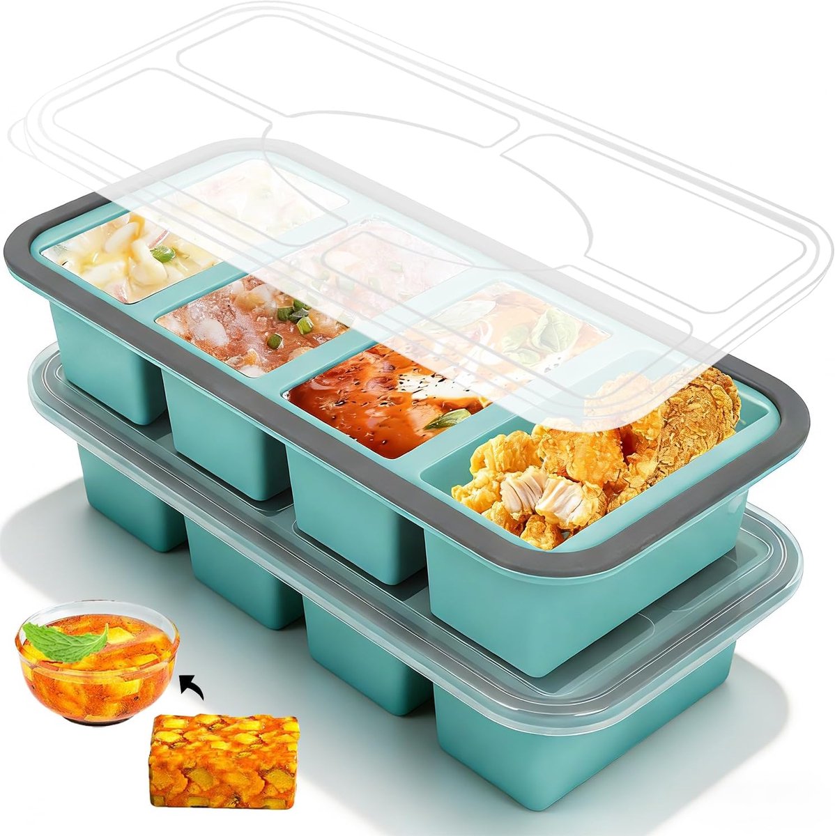 VHV - IJsblokjesvorm - Siliconen Vriesvorm Set - Siliconen invriesvormen - 2-delige Soepvormenset voor in de vriezer - Siliconen vriesbakje met deksels - Siliconen bouilloncontainer - Van 1000 ml - Vier compartimenten - 2 stuks - Blauw