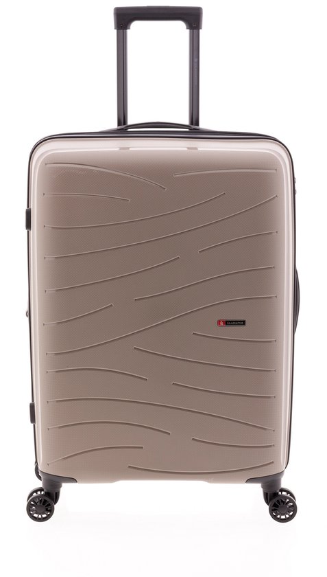 Beige koffer met golvend lijnenpatroon, uittrekbaar handvat, Gladiator logo en vier wielen.