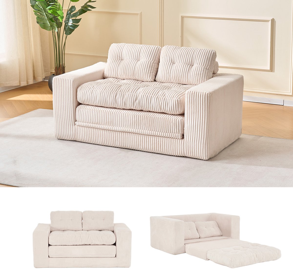 REDOM - 2-Zits 2-in-1 Slaapbank - Frameloos en modern - Voor kleine ruimtes - Cordstof - Beige - 140 x 85 x 84 cm