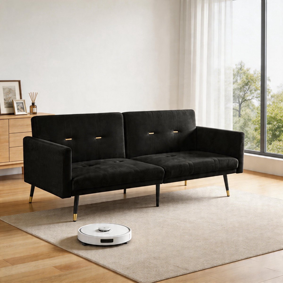 REDOM 2-Zits Slaapbank - Verstelbare Rugleuningen (5 Standen) - 2-In-1 Ontwerp als Bank & Logeerbed - Fluweel - Zwart - 164x89x70 cm