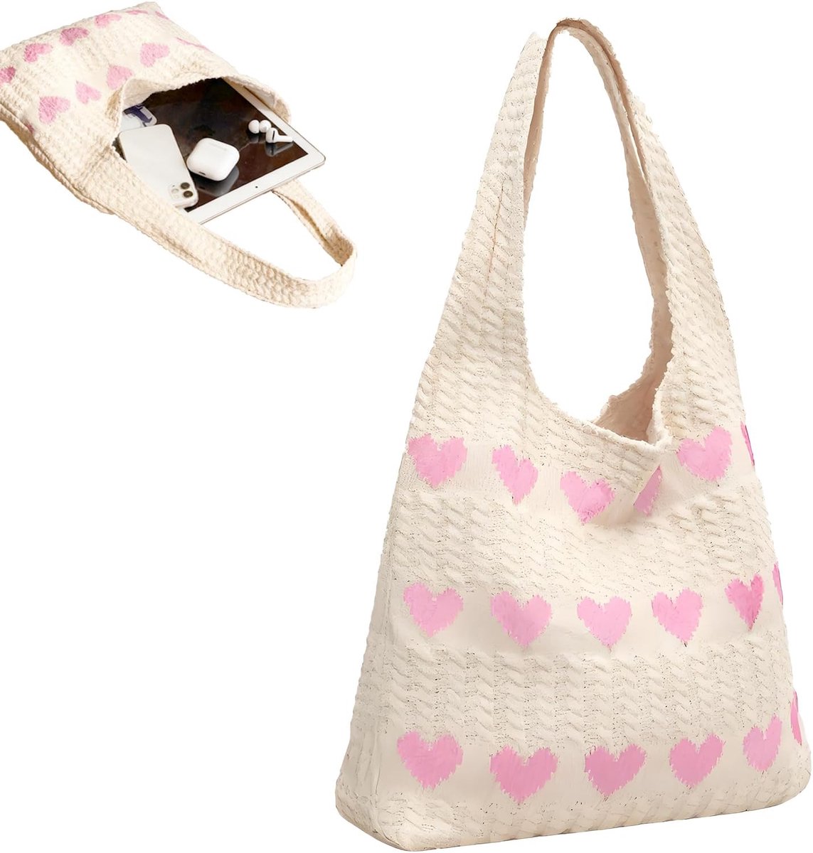 JeiibrZui Handgemaakt - Crochet Tas Dames - 38x35 Cm - 1 Stuk - Roze - Strandtas Met Hartjespatroon - Schoudertas Voor Dagelijks Gebruik