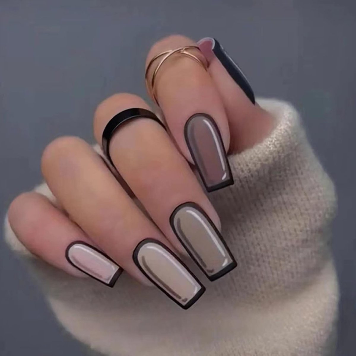 Set van 24 Kunstnagels Medium Coffin Ballerina Valse Nagels in Zwart en Grijs met Gelpad Herbruikbaar zonder Lijm voor Vrouwen en Meisjes