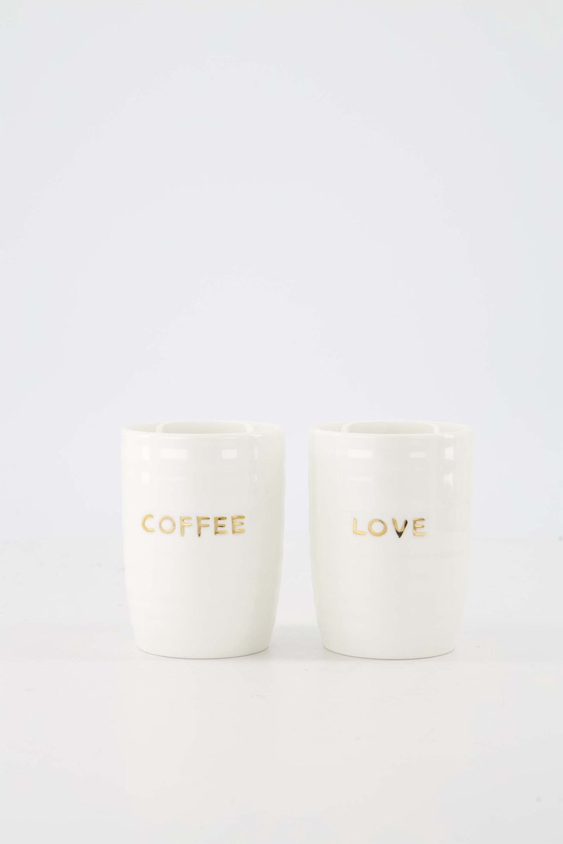 Zusss Set Van 2 Koffiemokken Coffee & Love - Verjaardag - Cadeau Dames Keramiek Wit/Goud