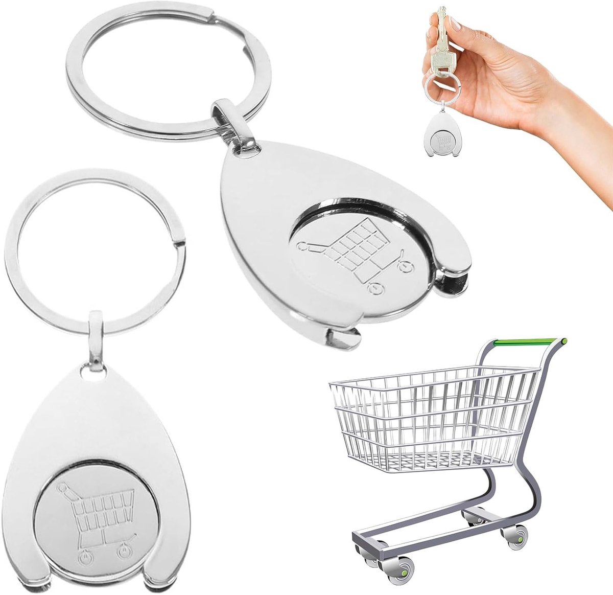 Metaal Shopping Cart Munt Sleutelhanger Set van 2 - Handige Winkeltrolley Munt voor Ouders en Partners, Perfect voor Dagelijks Gebruik