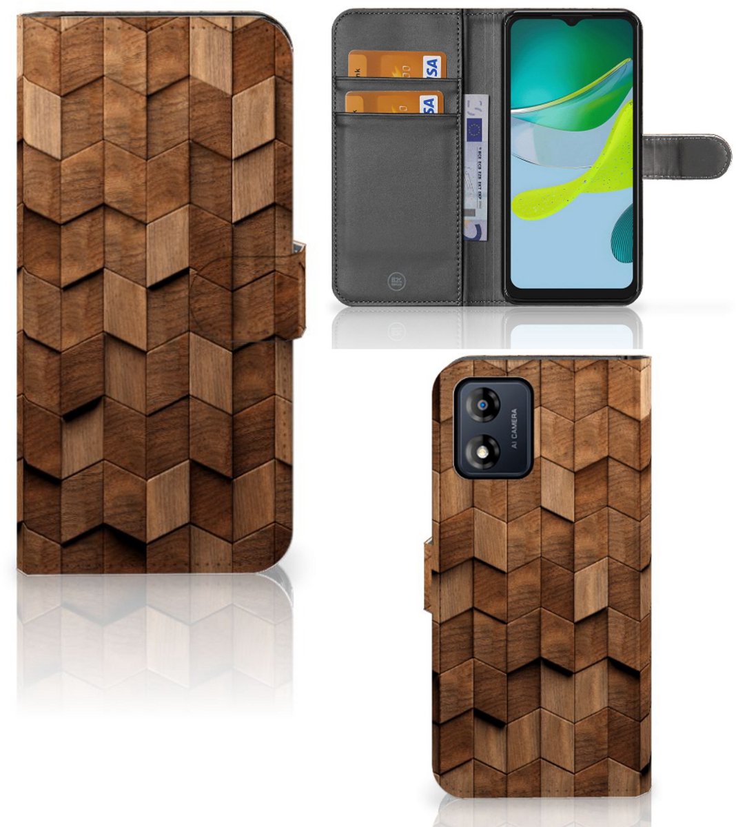 Book Style Case voor Motorola Moto E13 4G Wooden Cubes