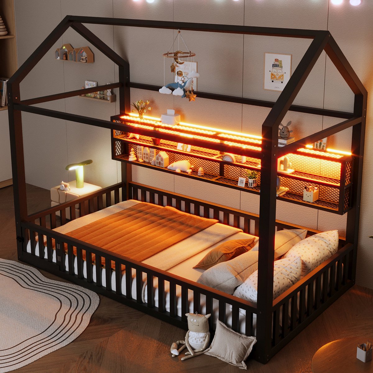 Huisjesbed 90x200 - Metalen Kinderbed met Veiligheidsreling, 7-Kleuren LED Verlichting en Huisvormig Design - Zwart