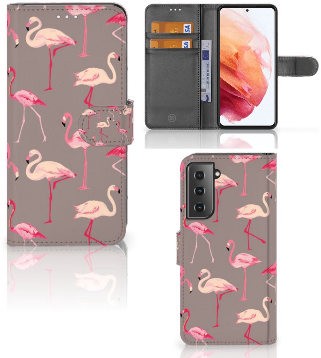 Book Case voor Samsung Galaxy S21 Telefoonhoesje met Pasjes Flamingo