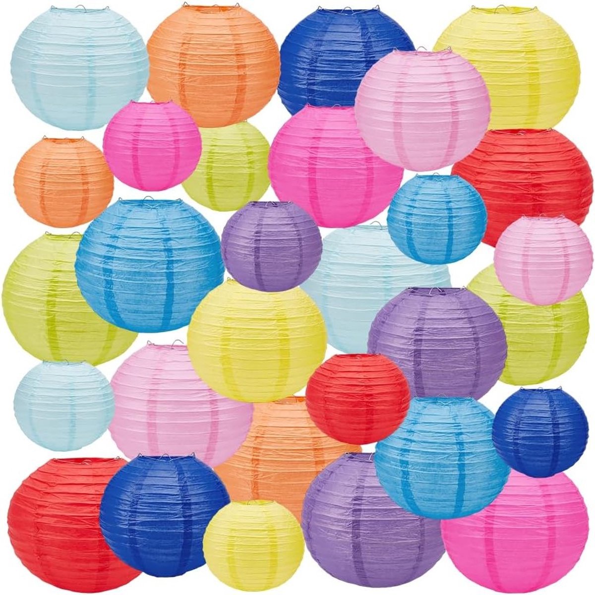30 Stuks Multikleurige Papieren Lantaarns, 15.2/19.7/25cm Rond voor Feesten, Bruiloften en Decoratie binnen en buiten
