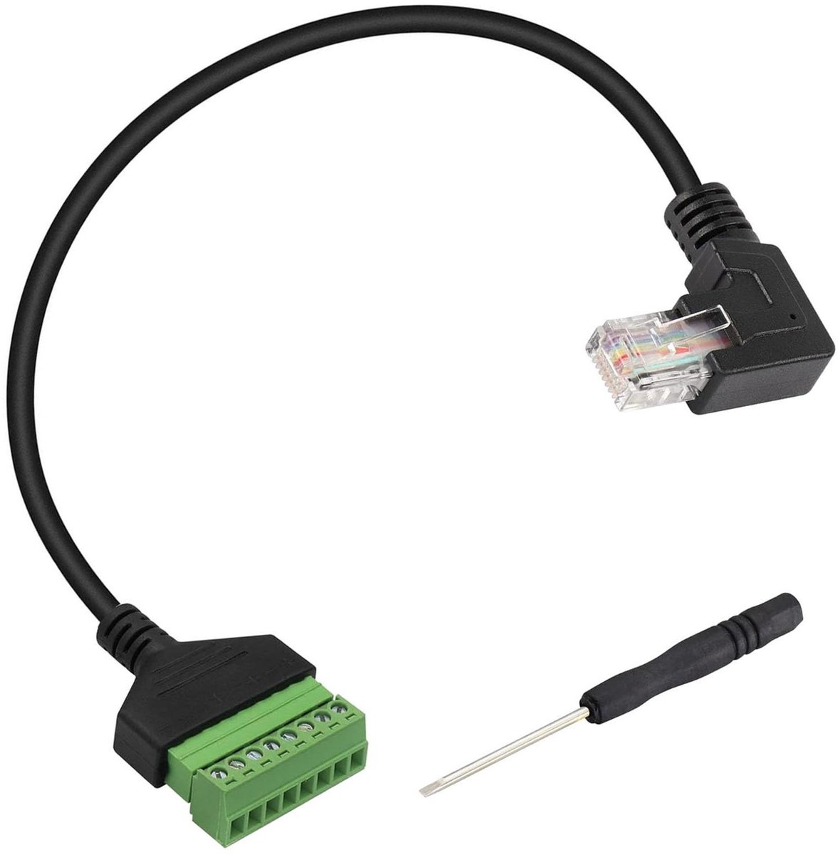 RUNCCI-YUN RJ45 schroefterminal, soldeervrije stekker RJ45, RJ45 Ethernet 8P8C stekker naar 8-pins extender adapter voor AV CCTV DVR Cat6 Cat5 inline koppeling (30 cm links gebogen)