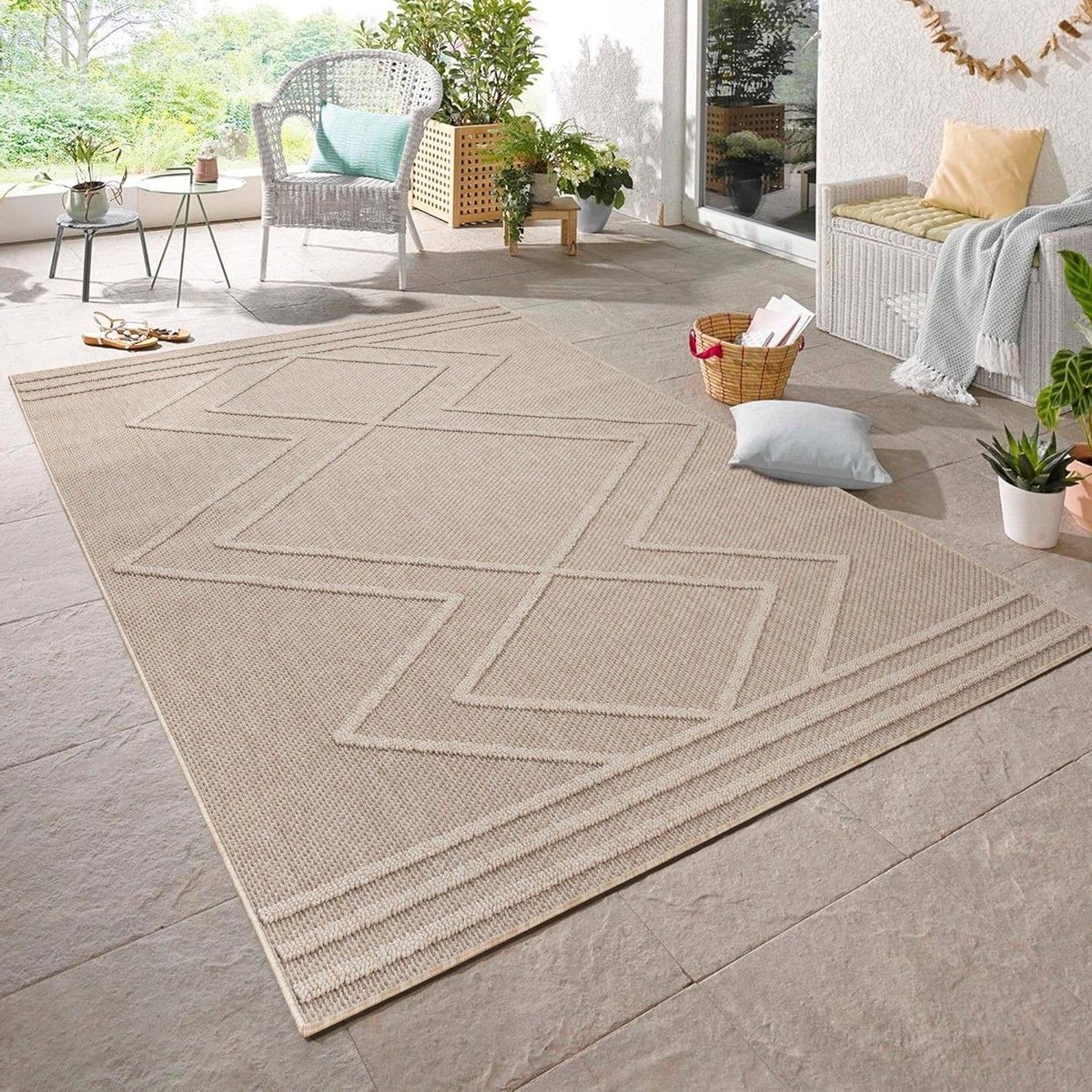 Outdoor Tapijt, Kleur Beige, Boheemse stijl, 110758, Vloerkleed Rechthoekig, Vloerkleed te