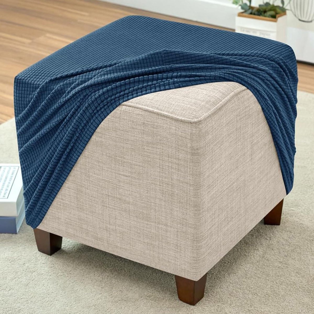 Ottomanhoes Vierkant - Poefhoes Elastisch - Meubel Beschermen - Hoge Elastische Stof - 30-99 cm - Blauw