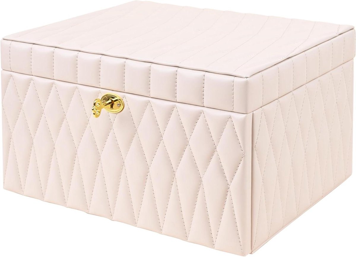 Sieradendoos Grote Luxe - Juwelendoos Organizer - Sieraden Opbergen - Met Lade en Spiegel - 30.5x24x18.5cm - Wit
