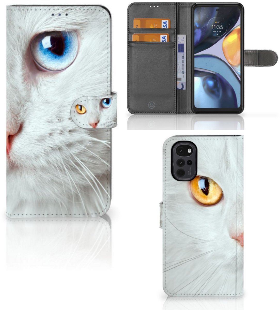 Motorola Moto G22 Telefoonhoesje met Pasjes Witte Kat