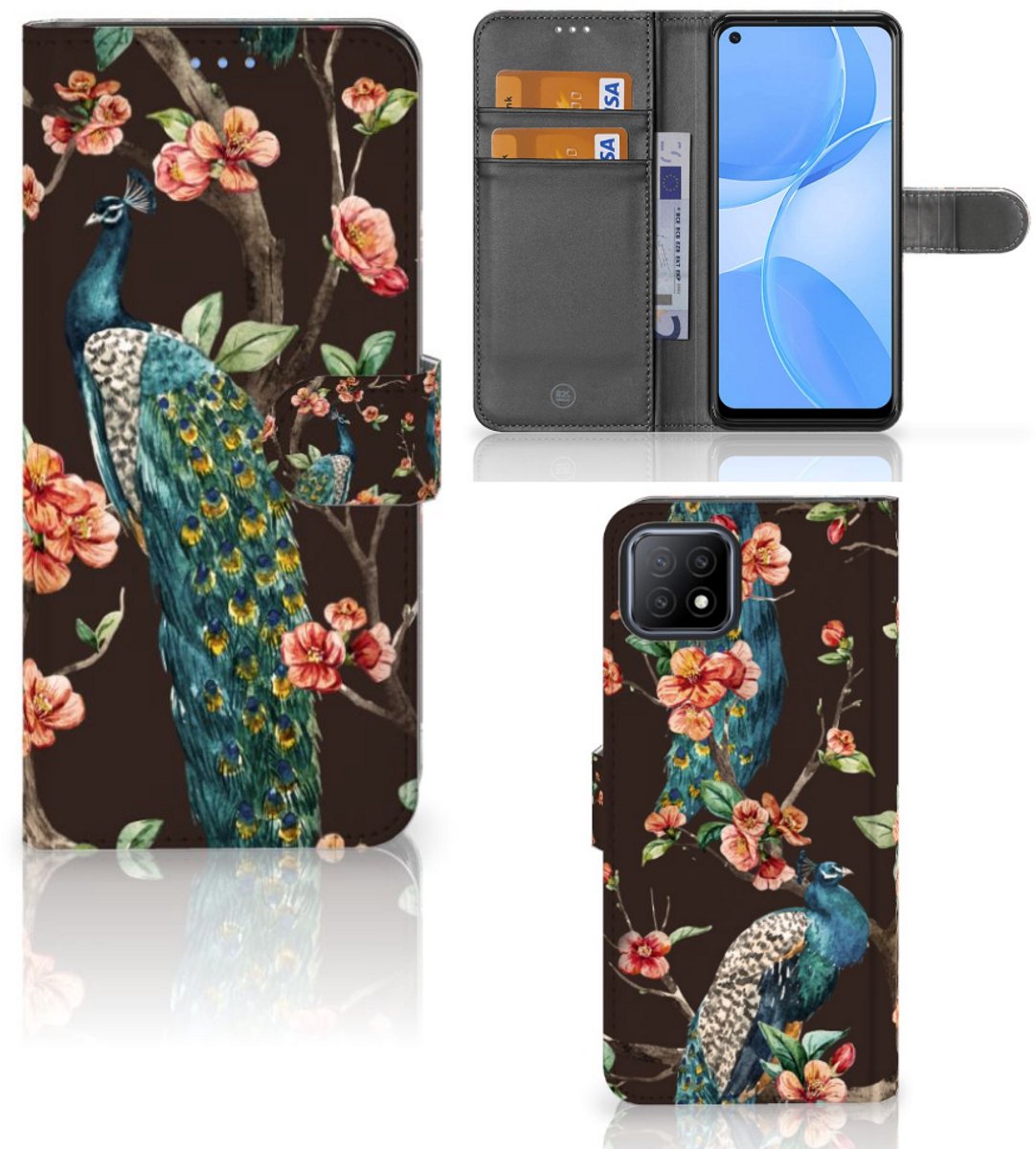 OPPO A73 5G Telefoonhoesje met Pasjes Pauw met Bloemen