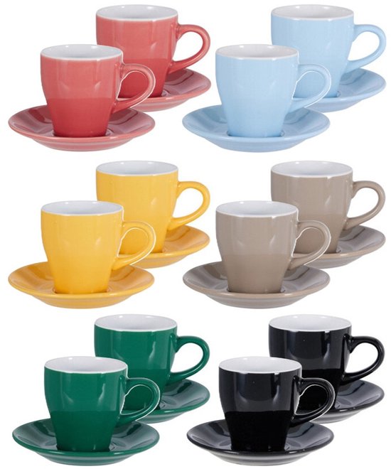 Twaalf keramieken koffiekopjes met bijpassende schotels in kleuren: roze, lichtblauw, geel, taupe, groen en zwart.
