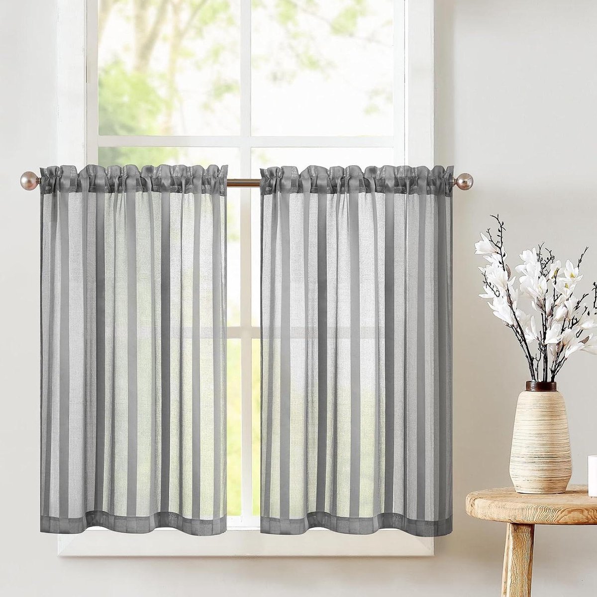 TOPICK Sheer Vitrage met trekkoord, transparant, bistrogadine, landelijke strepen, voile,