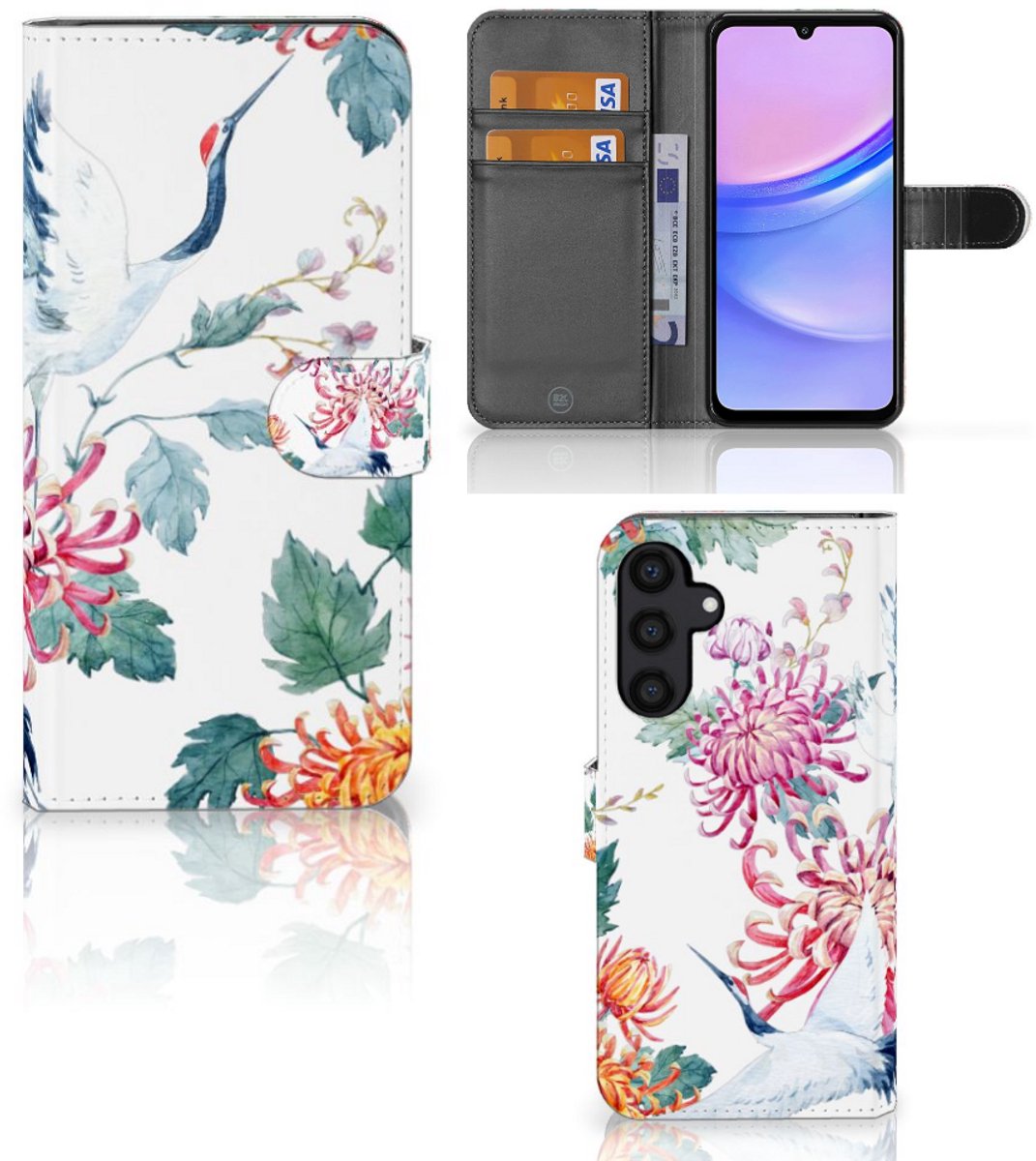 Samsung Galaxy A15 Telefoonhoesje met Pasjes Bird Flowers