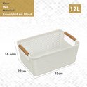 Witte kunststof opbergmand met houten handvatten. Afmetingen: 35x22x16.4cm. Inhoud 12L.