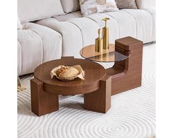 Bladez Salontafel met 2 niveaus en L-vormige poten, ronde demonteerbare bijzettafel met walnootglasplaat en houtlook, voor woonkamer, slaapkamer, salontafel en banktafel, 61 x 61 x 44 cm, walnoot
