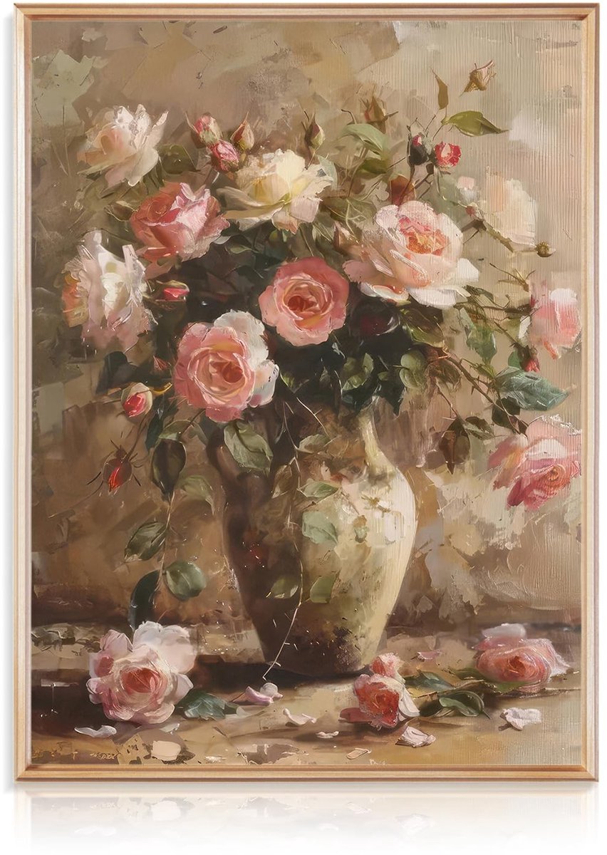 Cosensi - Vintage Flowers Canvas Wall Art - Franse Bloemen in Vaas - 12x16 inch - Multicolor - Wanddecoratie voor Slaapkamer en Woonkamer