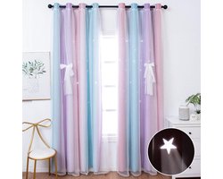 Unistar 2 Panels Blackout Stars Curtains for Kids Girls Bedroom Aesthetic Living Room Decor Colorful Double Layer Star Cut Out Stripe Pink Rainbow Window Curtain, W52 x L63 Inches, Set of 2