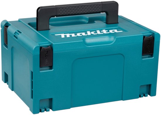 Turquoise Makita opbergkoffer met zwart handvat en gespen.