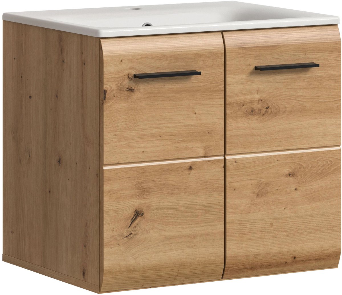 Wastafelmeubel Ice Xonox Met Keramische Wasbak - 60x55x46 Cm - Artisan Oak - Xonox - Badkamer Enkele Wastafelmeubel - Bruin - Spaanplaat