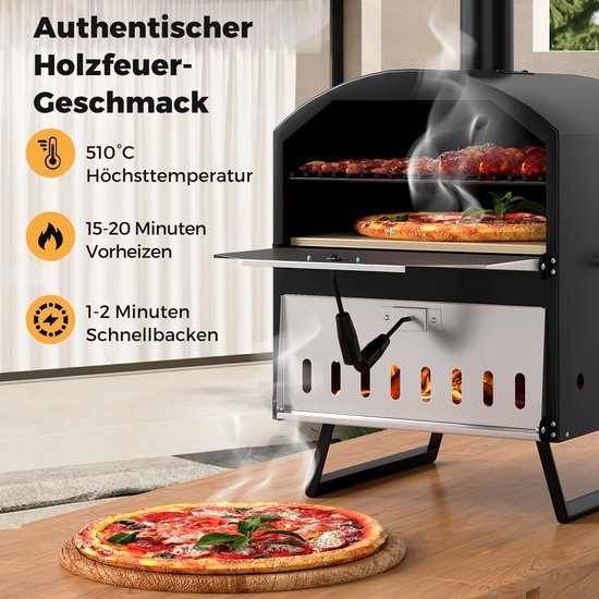COSTWAY Outdoor pizzaoven, 2-laags pizzaoven met grillrooster, pizzaschep, vierkante steen, waterdichte afdekking, draagbare brander, houtkachel voor picknick, BBQ-party, camping — afbeelding 3