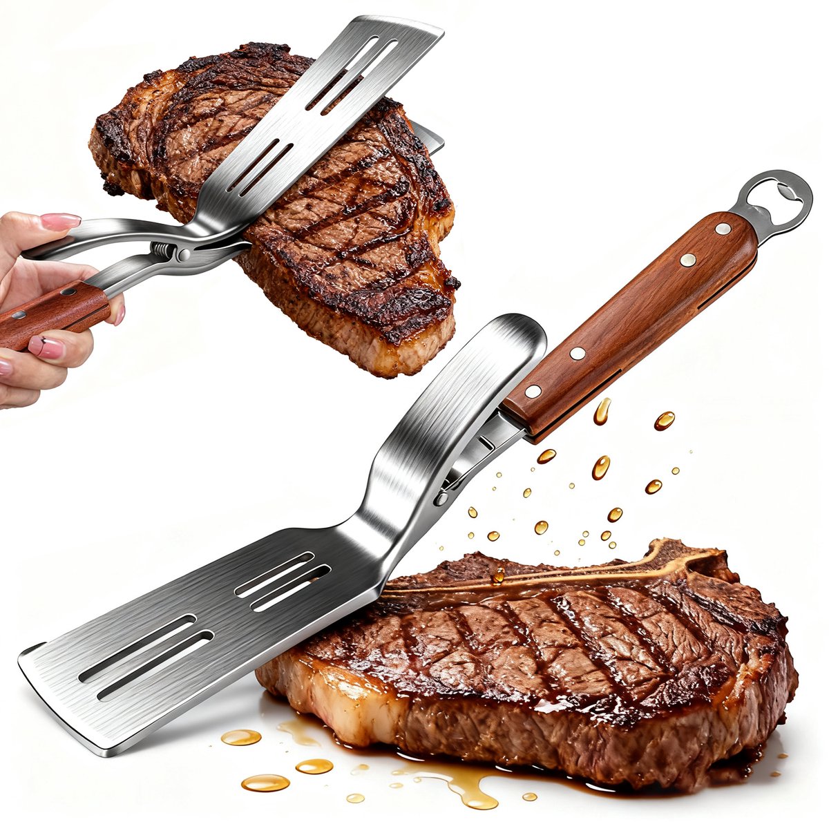 GOODEVN Multifunctionele Grilltang van 430 RVS - Met Hittebestendige Acaciahouten Handgreep - Voor Vlees, Vis & Groenten - Inclusief Flessenopener - Zilver