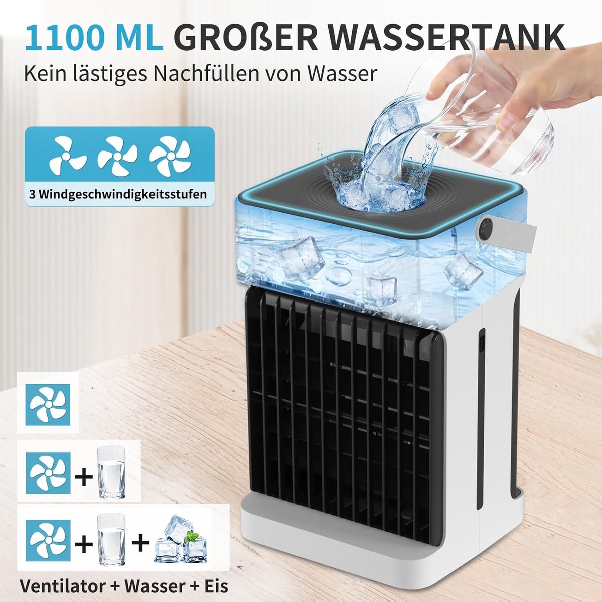 Mobiele Airco - Mini Airco - Persoonlijke Koeling - Groot Waterreservoir - 1100 ml - Wit — afbeelding 6