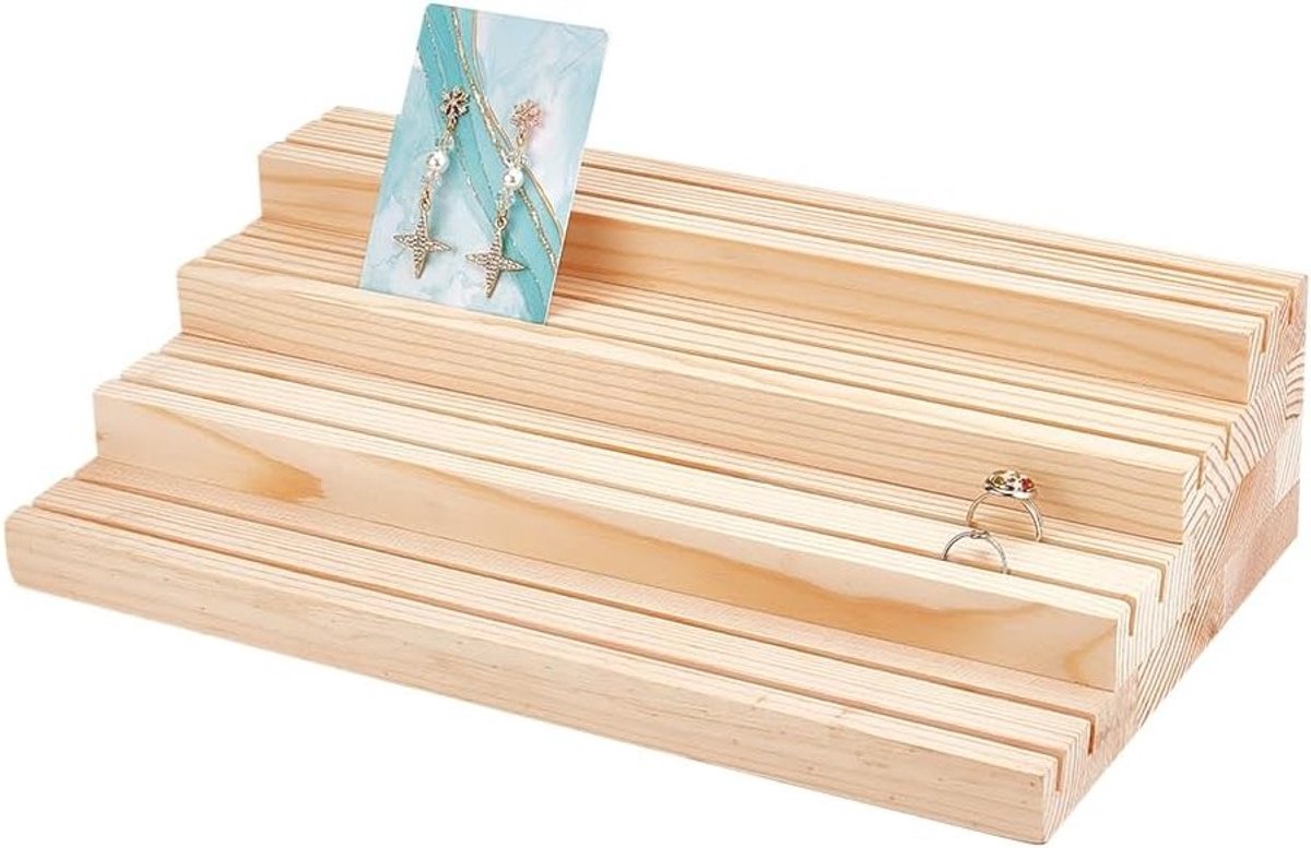 4-laagse houten sieraden display standaard, organizer voor oorbellen met groeven, sieradenrek voor ringen en oorbellen, perfect voor thuisdecoratie en etalages