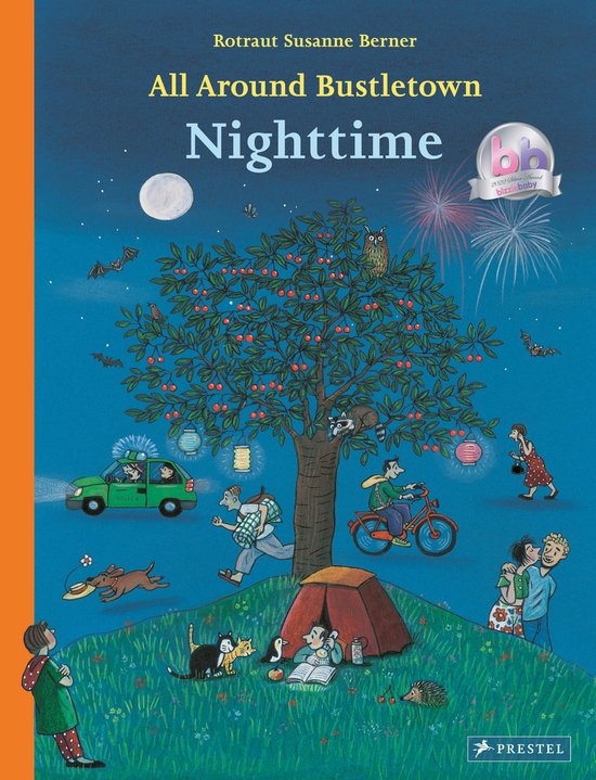 Boekomslag 'All Around Bustletown: Nighttime' met illustraties van een nachtelijke scène in een stad met een boom, tent, dieren en mensen.