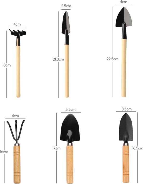 Mini tuingereedschapsset, 6 stuks tuinschep, klein tuingereedschap, mini-plant, tuingereedschap, mini houten handvat, handheld, mini-schop, spop, hark, tuinset, gereedschap voor bonsai