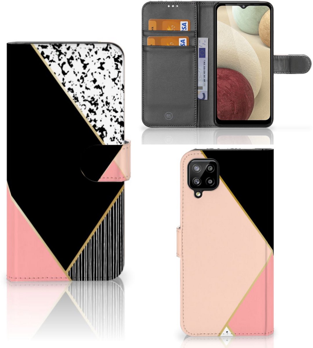 Samsung Galaxy A12 Book Case Zwart Roze Vormen