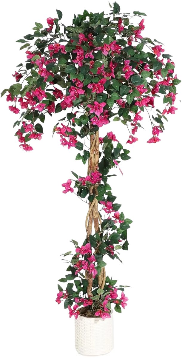 Happiq Kunstmatige Bougainvillea Boom - Voor Binnen, Buiten & Tuin - Realistische Kunstboom - Met Witte Pot - Roze-183 cm