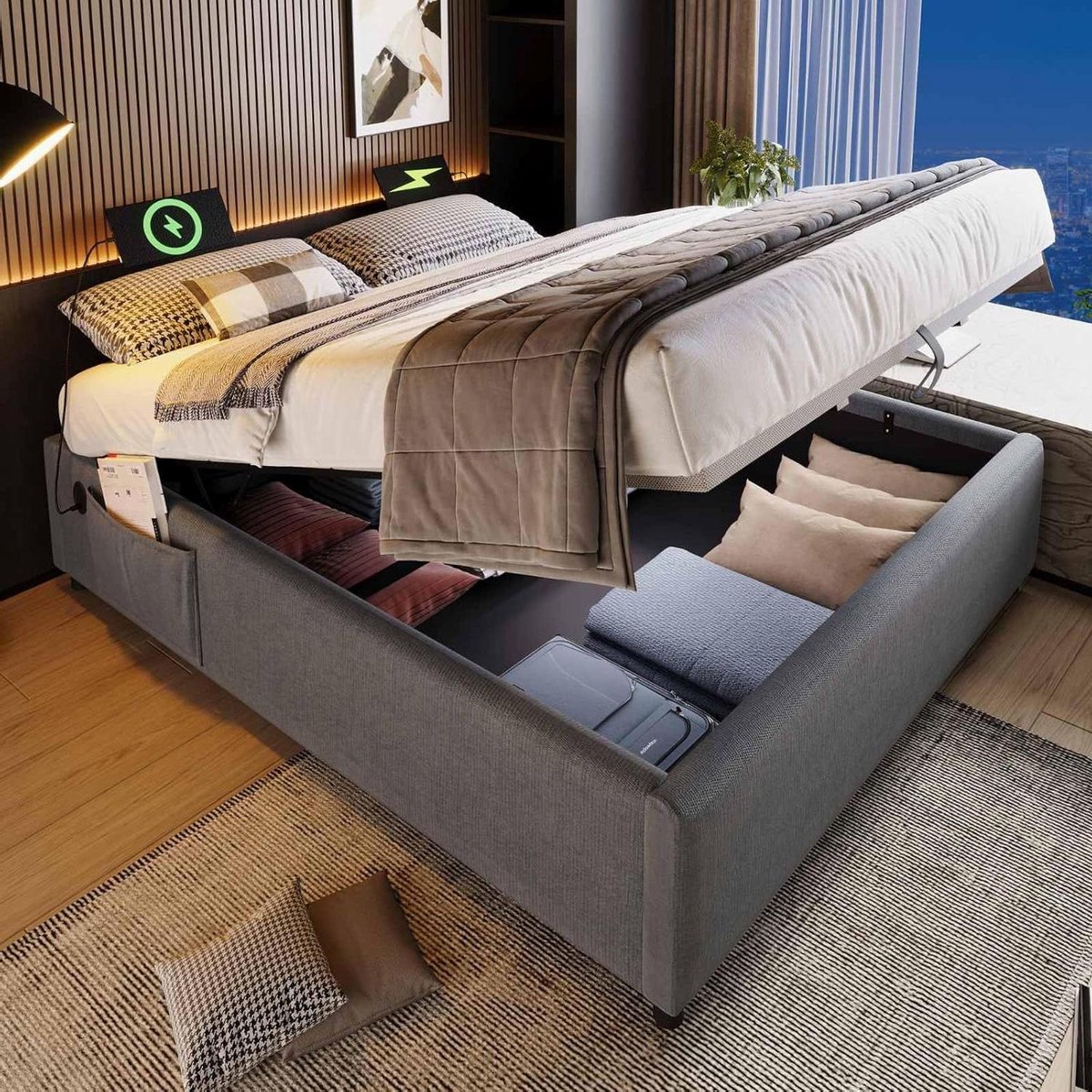 Gecapitonneerd Bed - Gestoffeerd Bedframe - Comfortabel Slapen - Ingebouwde Oplaadpoorten 