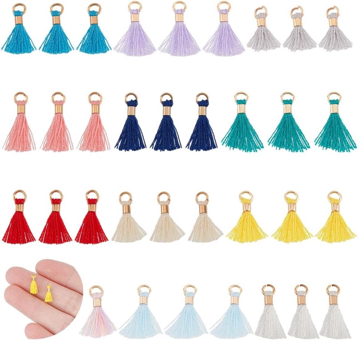 65 Stuks Katoenen Tassels met Caps voor Sleutelhangers, Tassen en DIY Decoratie - Mix van Kleuren, 10-16mm Lang
