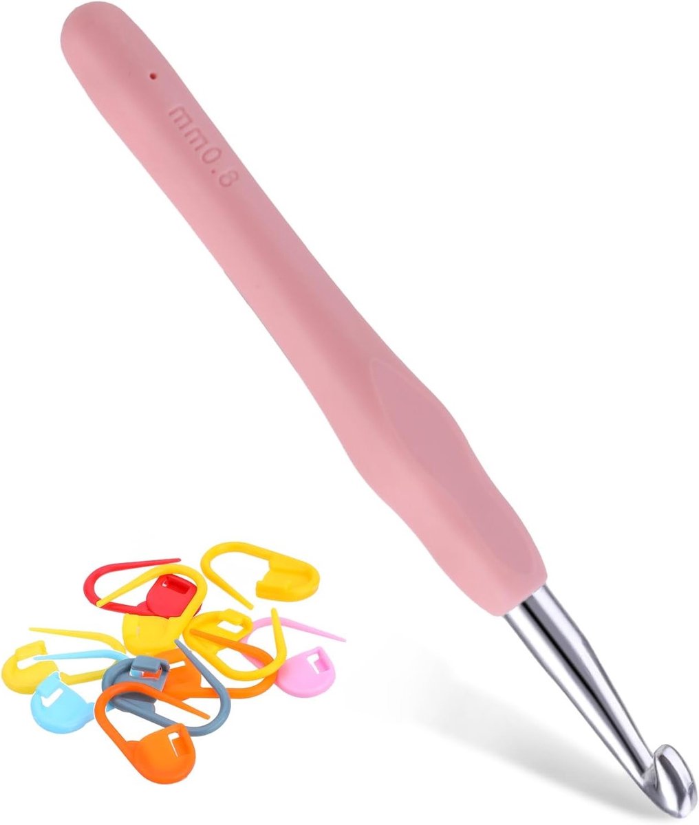 8mm Haaknaald voor Haken, Lange Haaknaald met 10 Steekmarkeerders, Ergonomische Soft Grip voor Comfortabel Haken en Beginners