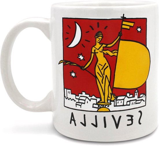 Wit mok met een afbeelding van een vrouw met vlag, een halve maan en sterren boven een stad. "AJIVILLA" staat onderaan.