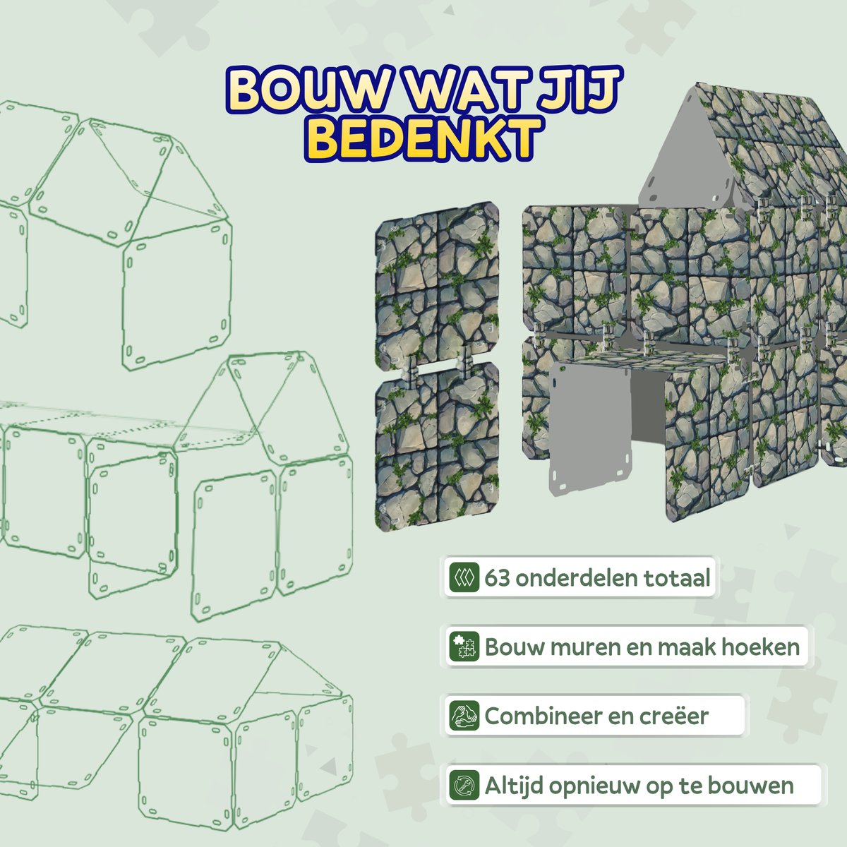 Fort Bouwplaten Set - 68 Onderdelen - Kasteel Bouwen - Speeltent - Speelhuis Bouwset - Fort bouwen - Bouwpakket - Bouwspeelgoed - Constructiespeelgoed voor Kinderen — afbeelding 4