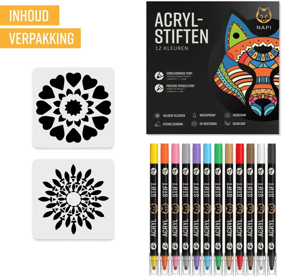 Napi Acrylstiften 12st - Brush en Fine Tip Twinmarkers - Verfstiften Happy Stones - Stenen Schilderen met Acryl Verf Marker Stiften - Volwassenen en Kinderen - Incl. 2 Mandala Sjablonen — afbeelding 12