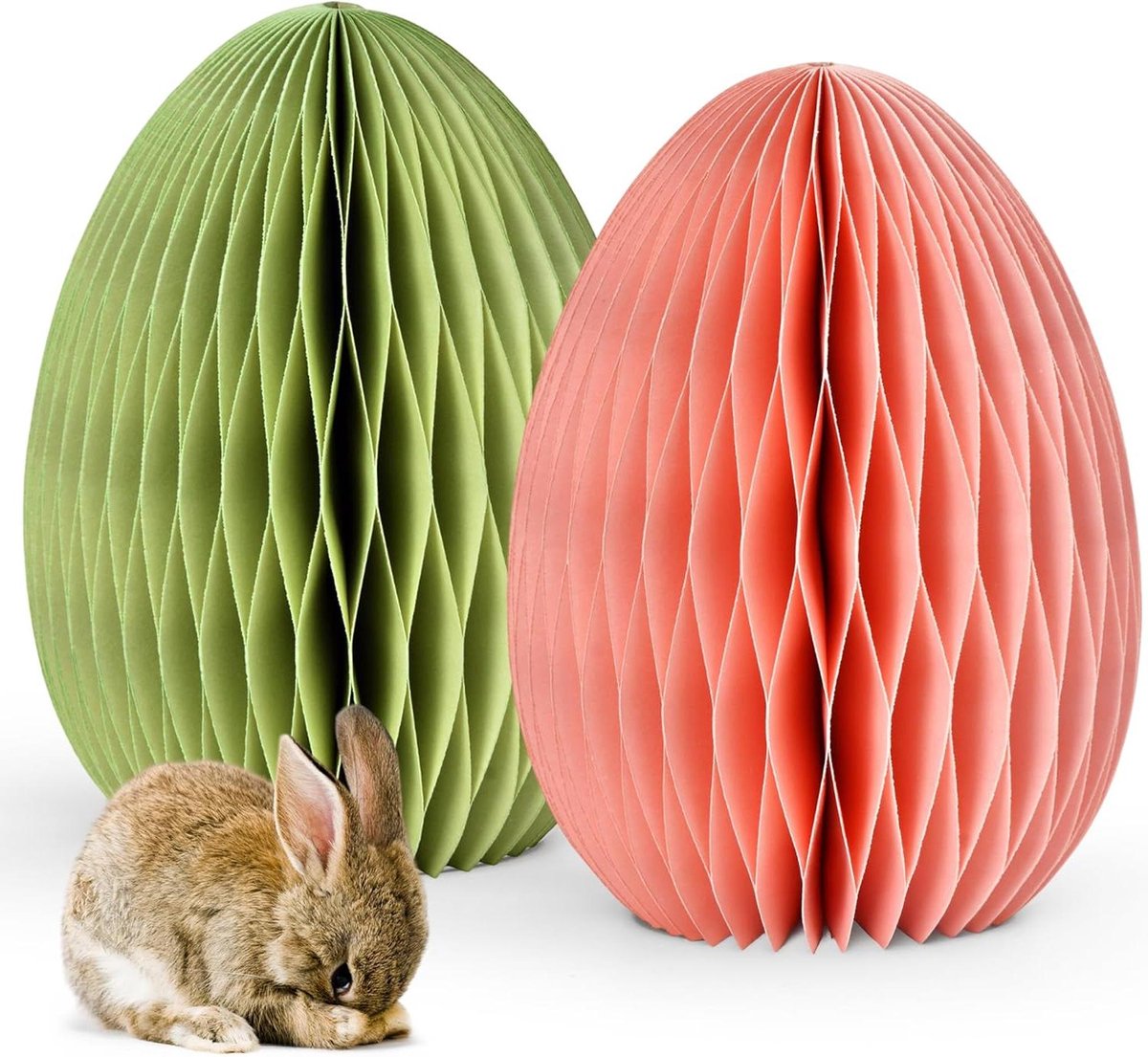 Paaseieren Decoratie - Paasfiguren Lente - Huis Aankleden - Papieren Honingraatstructuur - Ø 11 x 15 cm - Roze en Groen
